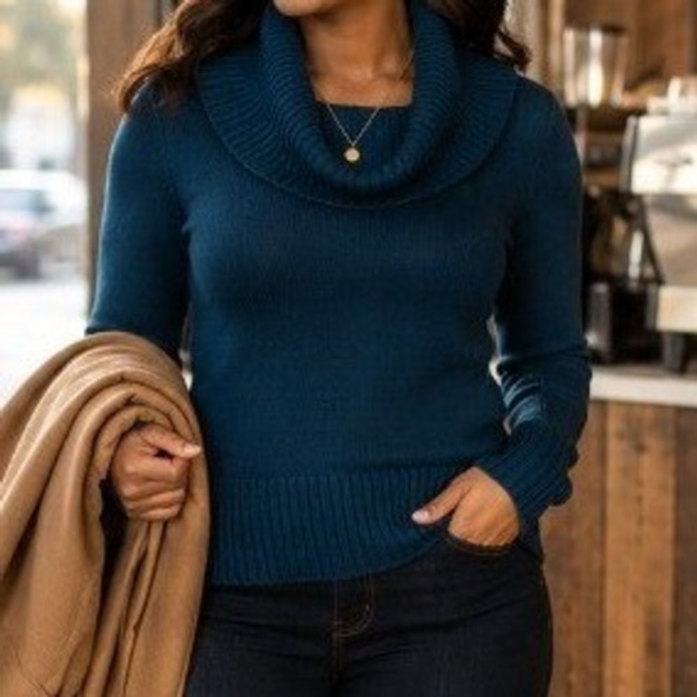 Energie Dark Teal Soft Knit Pullover Cowl Neck Long Sleeve Sweater -Women S